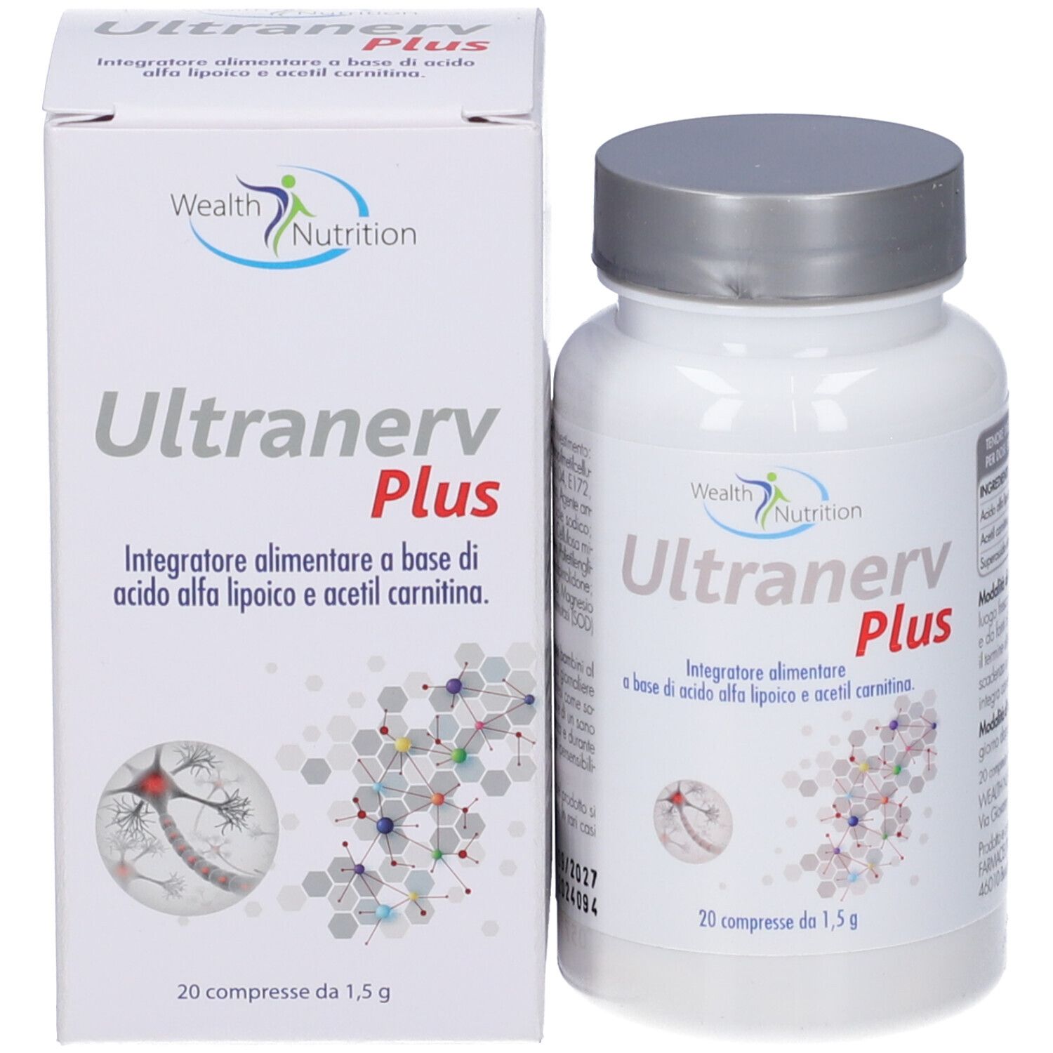 Confezione e flacone del prodotto. Scritta Ultranerv Plus, 20 compresse. Contiene acido alfa-lipoico e acetilcarnitina.