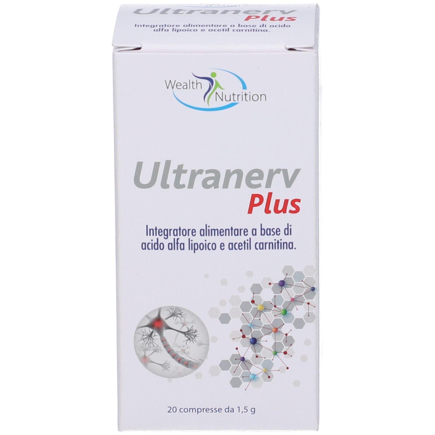 Confezione del prodotto. Scritta Ultranerv Plus, 20 compresse. Contiene acido alfa-lipoico e acetilcarnitina.