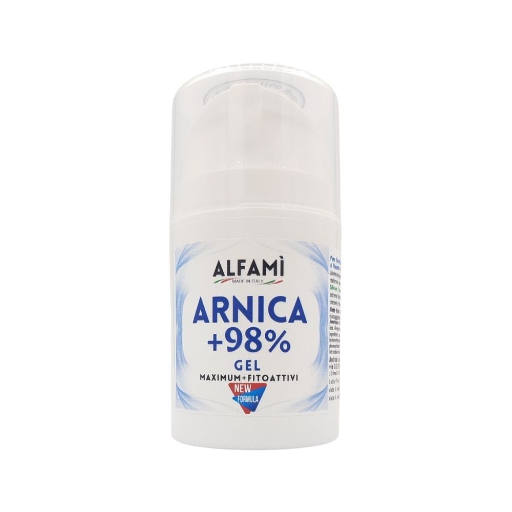 Flacone cilindrico bianco con scritta ALFAMI, ARNICA +98% GEL. Dettagli blu e rossi. Tappo e dispenser in plastica.