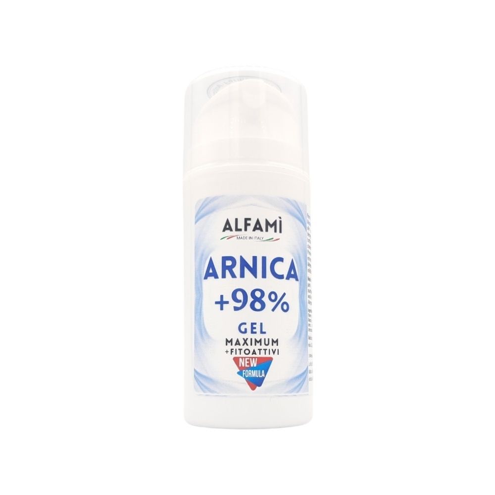 Flacone bianco con etichetta blu. Scritta: ALFAMI, ARNICA +98% GEL, MAXIMUM FITOATTIVI, NEW FORMULA.