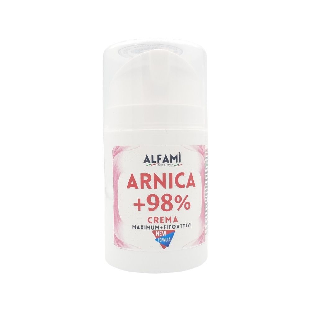 Flacone bianco con etichetta rossa. Scritta: Arnica +98% Crema. Marchio Alfami.