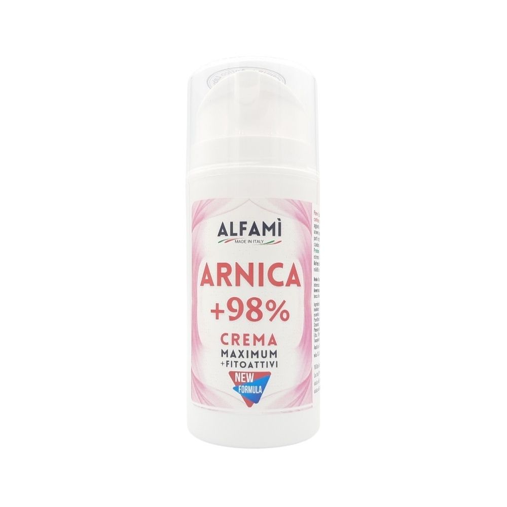 Flacone bianco con etichetta rosa. Scritta: Arnica +98% Crema. Marchio Alfami.