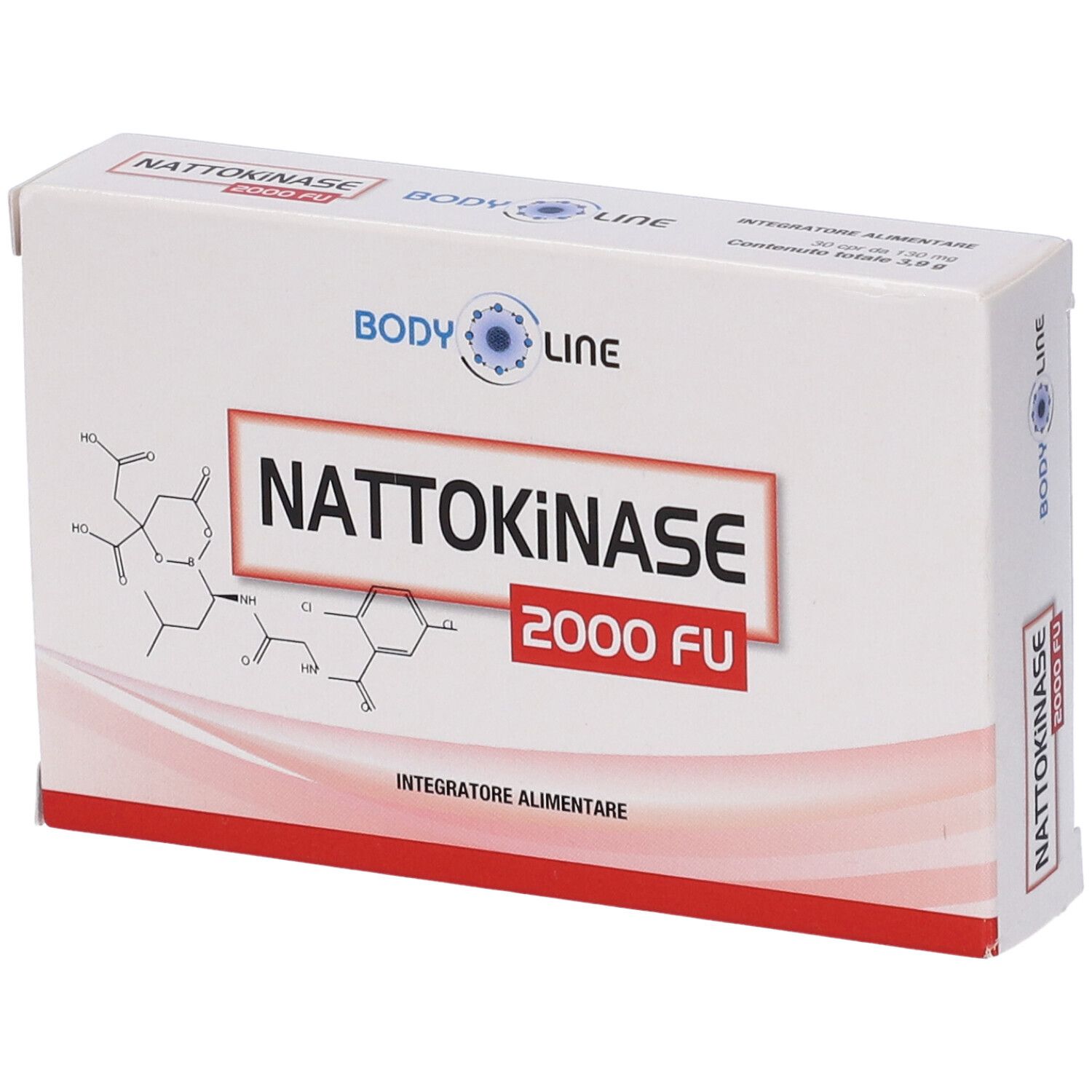 Scatola bianca con testo rosso e nero. Scritto: Nattokinase 2000 FU. Marchio: Body Line. Con struttura chimica.