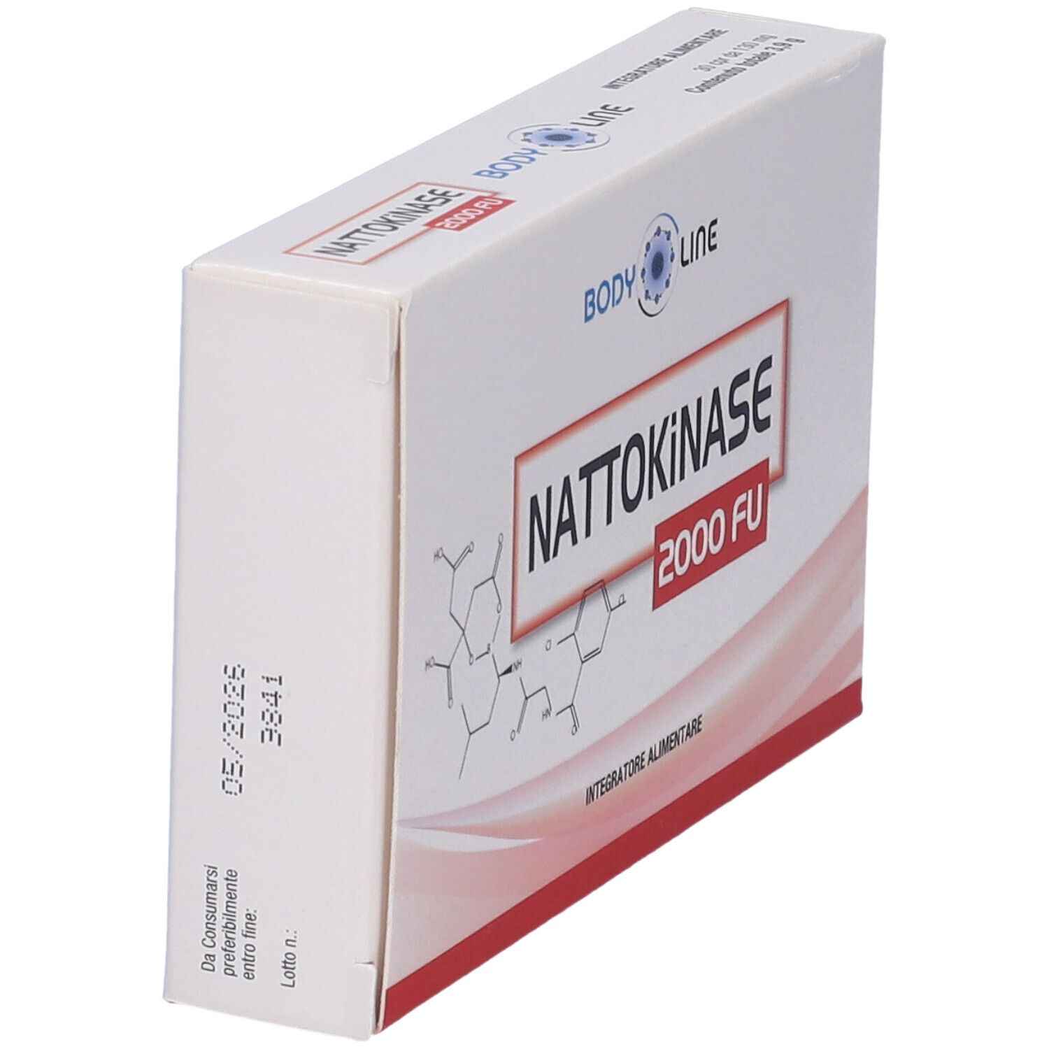 Scatola bianca con testo rosso e nero. Scritto: Nattokinase 2000 FU. Marchio: Body Line. Con struttura chimica.