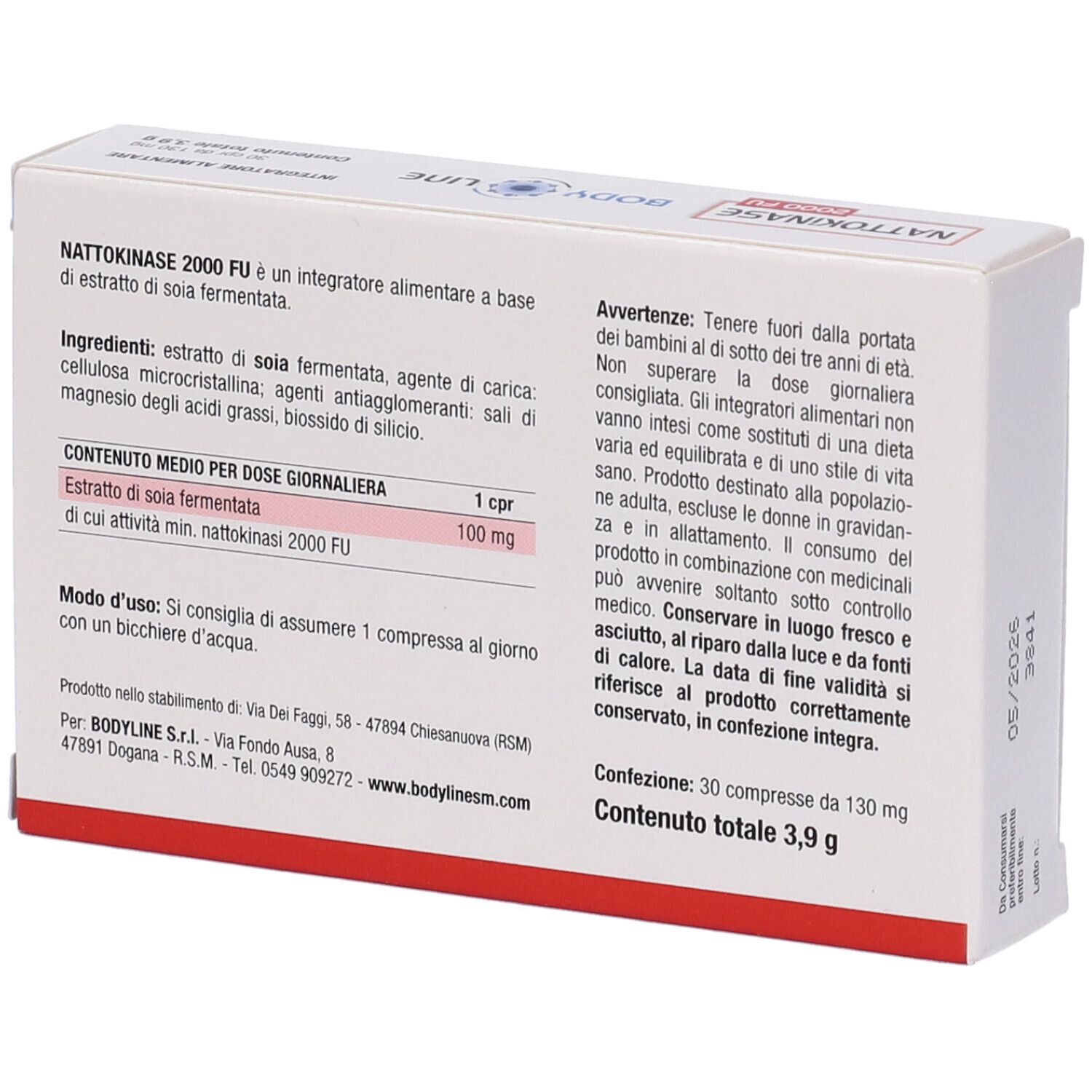 Scatola bianca con testo e informazioni sul contenuto. Scritto: Nattokinase 2000 FU. Marchio: Body Line. Contiene 30 compresse.