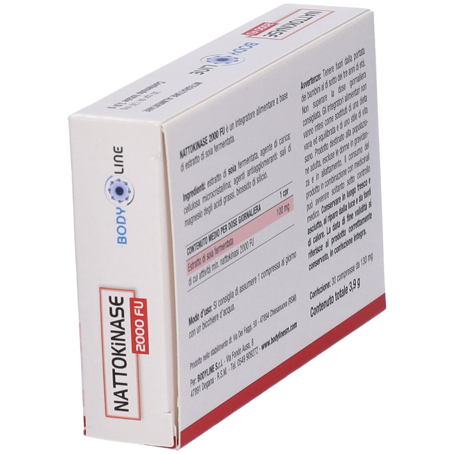 Scatola bianca con testo e informazioni sul contenuto. Scritto: Nattokinase 2000 FU. Marchio: Body Line. Contiene 30 compresse.