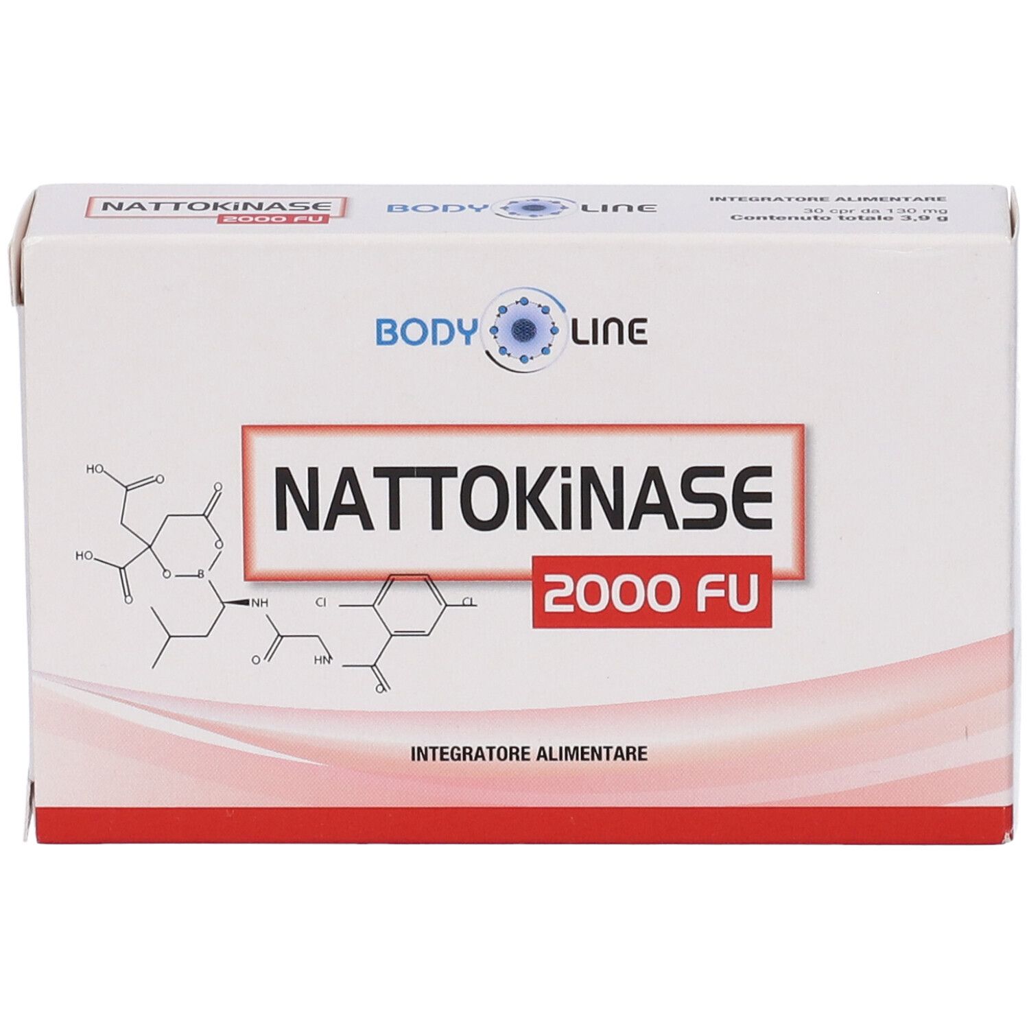 Scatola bianca con testo rosso e nero. Scritto: Nattokinase 2000 FU. Marchio: Body Line. Con struttura chimica.