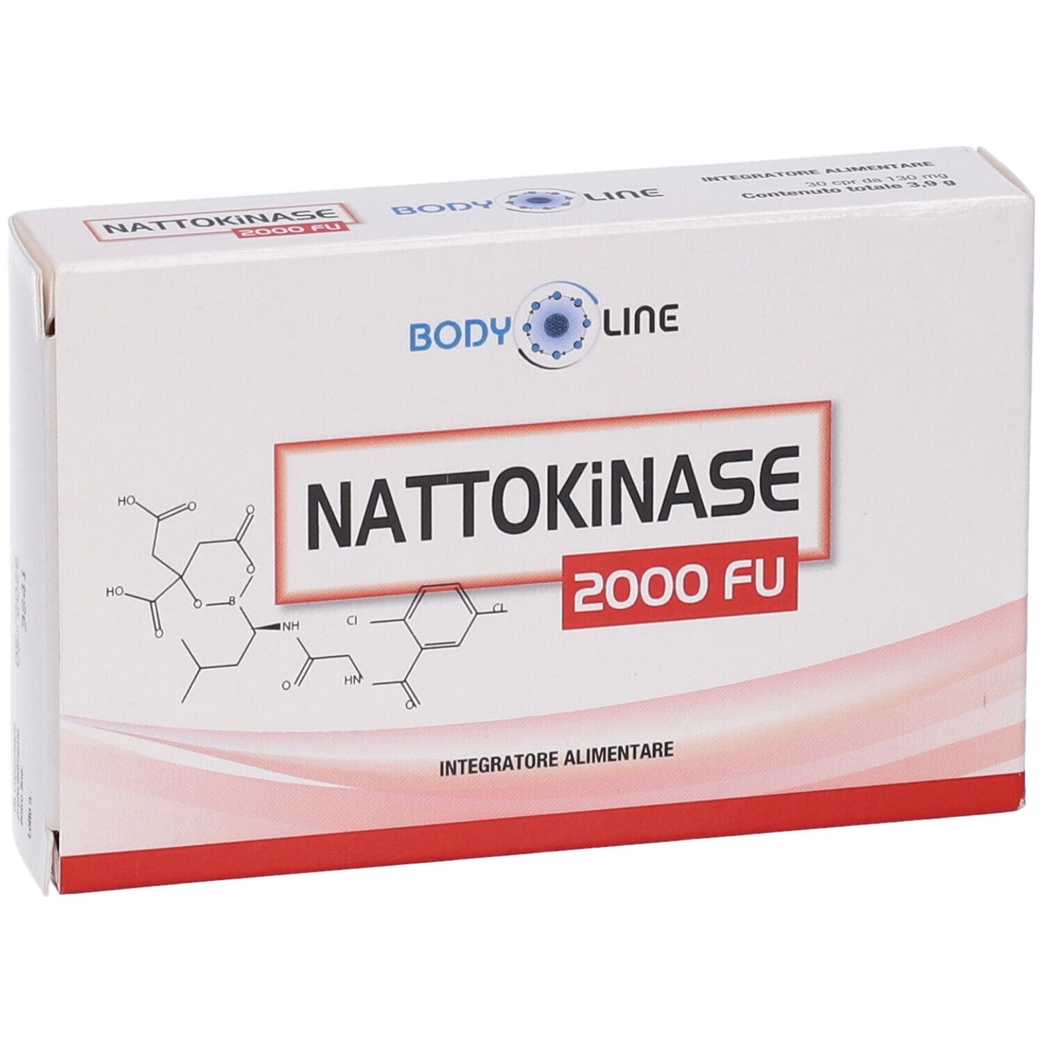 Scatola bianca con testo rosso e nero. Scritto: Nattokinase 2000 FU. Marchio: Body Line. Con struttura chimica.