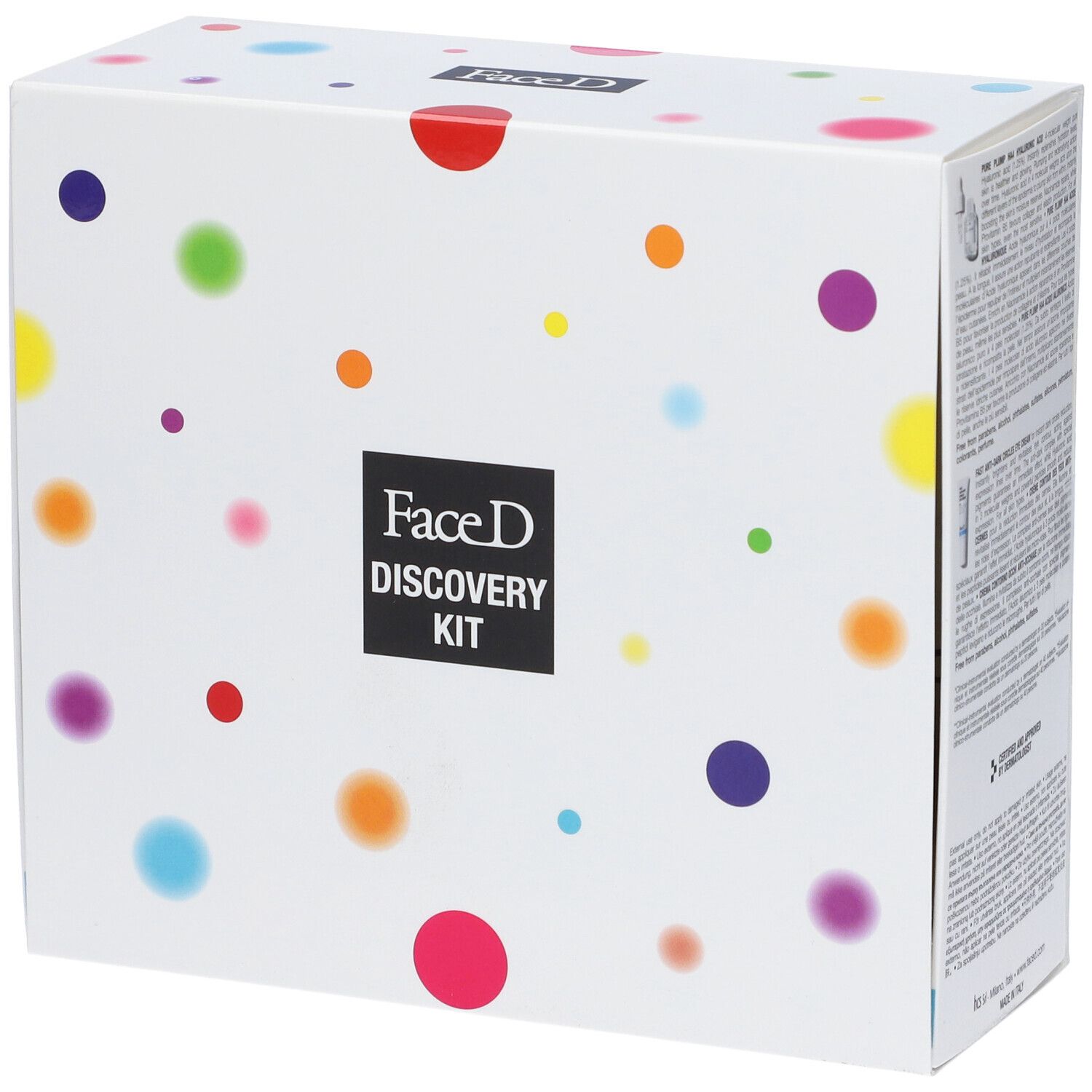 Scatola FaceD Discovery Kit. Bianca a pois colorati, logo nero. Informazioni prodotto sul retro.
