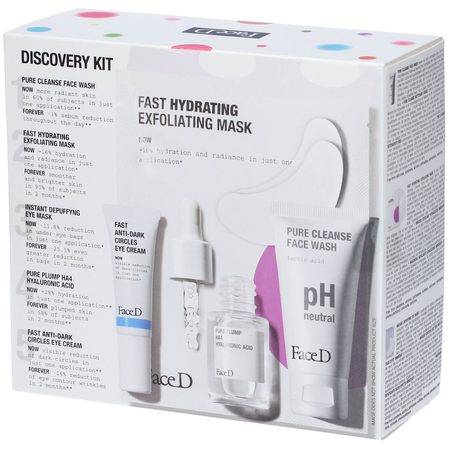 FaceD Discovery Kit. Include detergente, maschera, crema occhi e siero. Scatola bianca a pois.