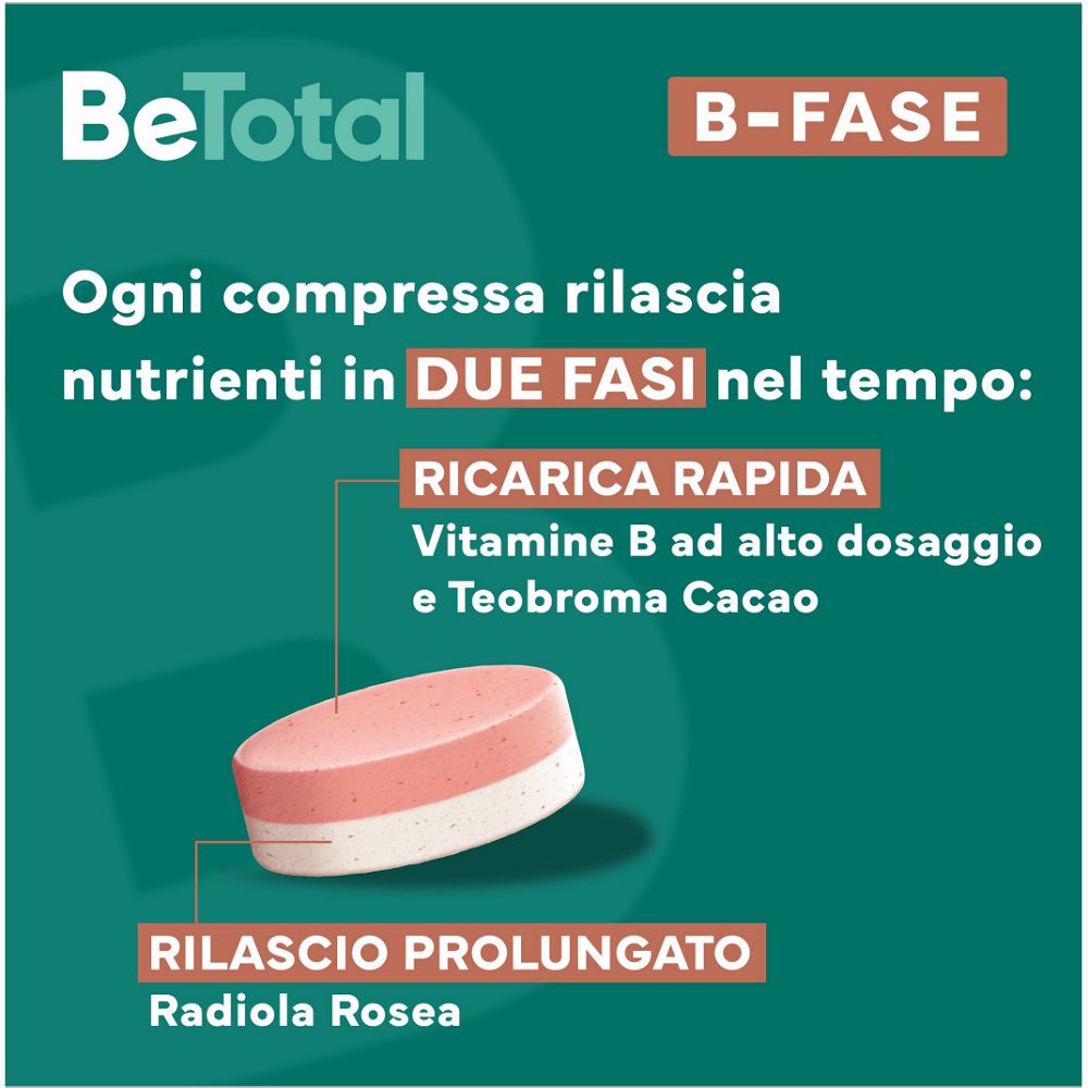 Compressa Be-Total B-FASE. Rosa e bianca. Testo: Ricerca Rapida, Rilascio Prolungato. Ingredienti.