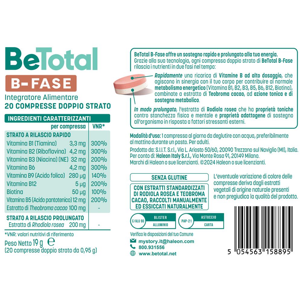 Confezione Be-Total B-FASE. 20 compresse a doppio strato. Ingredienti e informazioni nutrizionali. Marchio: Haleon.