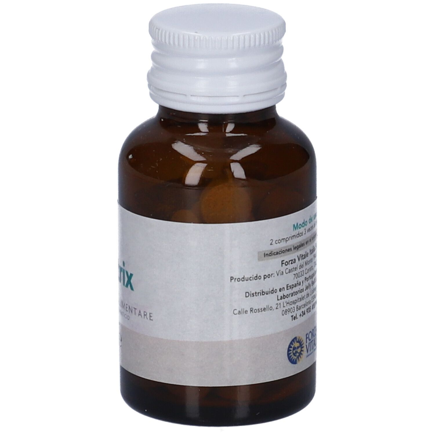 Flacone di vetro marrone con tappo bianco. Etichetta con testo, tra cui "Alfatrix", "Integratore Alimentare" e istruzioni per il dosaggio.