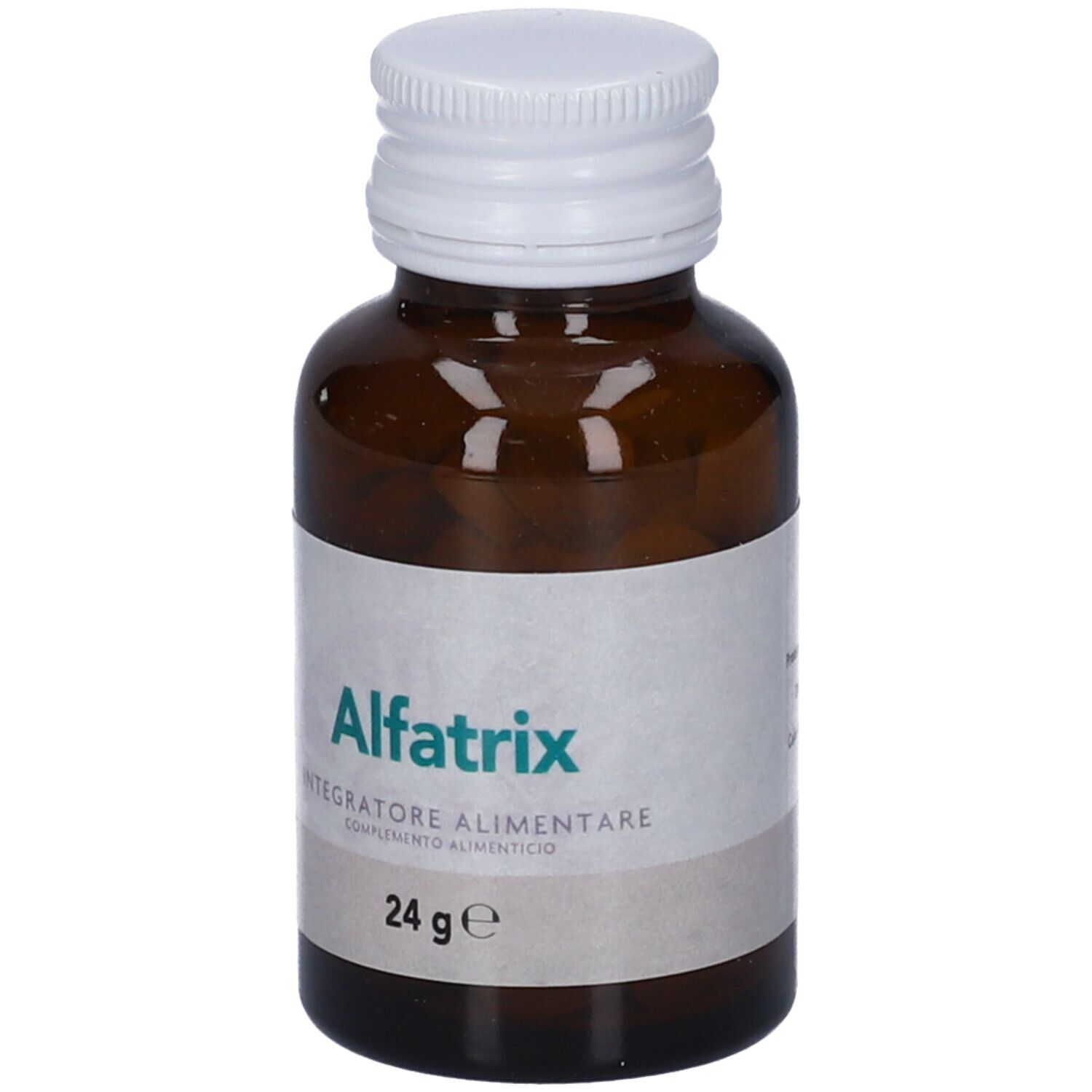 Flacone di vetro marrone con tappo bianco. Etichetta con "Alfatrix", "Integratore Alimentare" e "24 g".