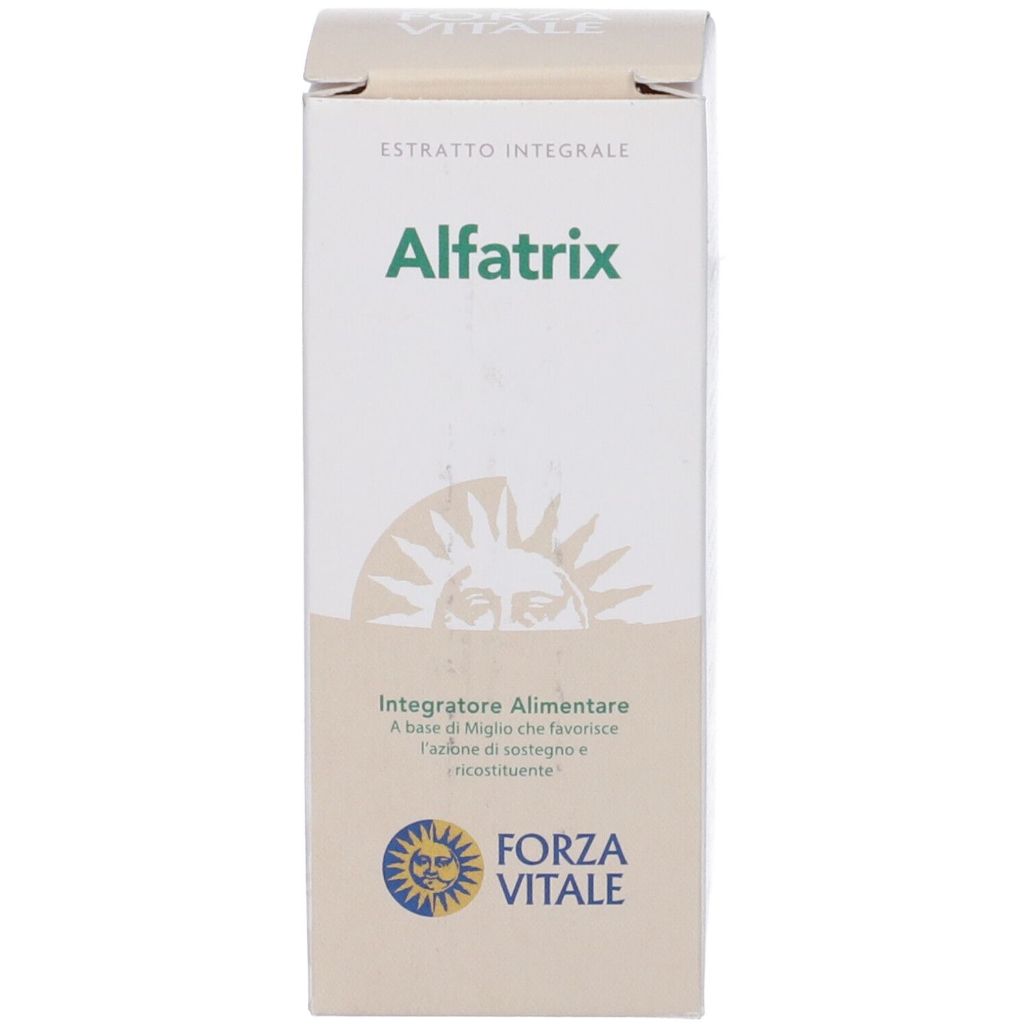 Confezione in cartone con "Alfatrix" e "Integratore Alimentare". Logo Forza Vitale.