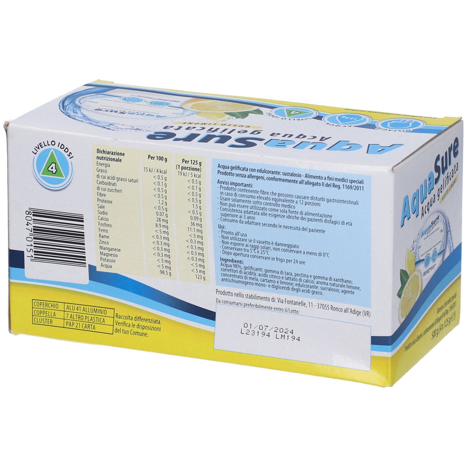 Aquasure Acqua Gelificata Limone Edulcorata Multipack 4 Pezzi Da 125 G