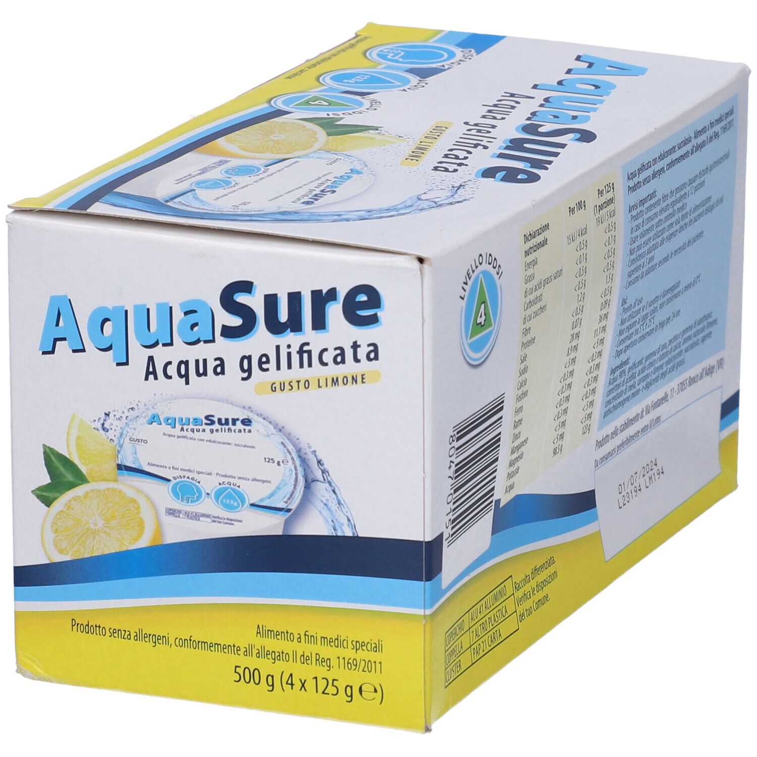 Aquasure Acqua Gelificata Limone Edulcorata Multipack 4 Pezzi Da 125 G