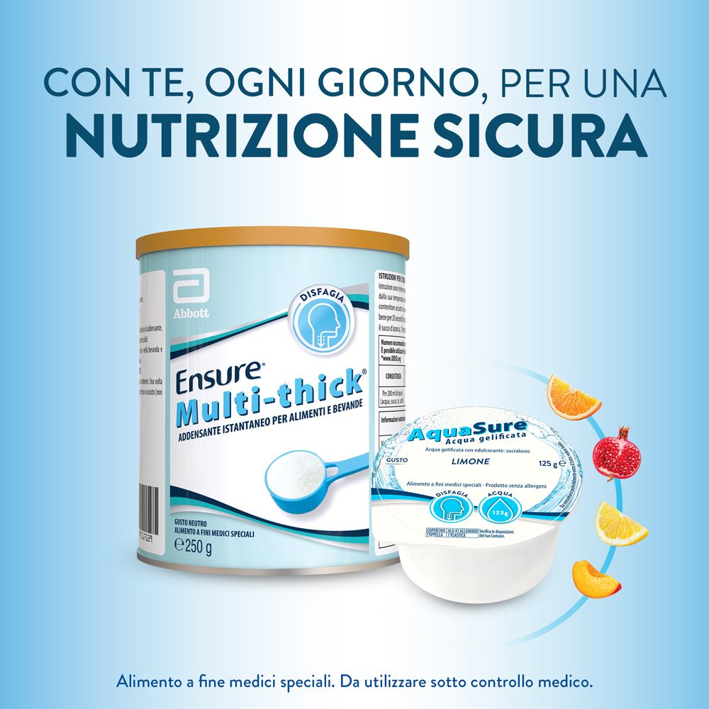 Immagine prodotto con Ensure Multi-thick e AquaSure Acqua gelificata gusto Limone. Con frutta.