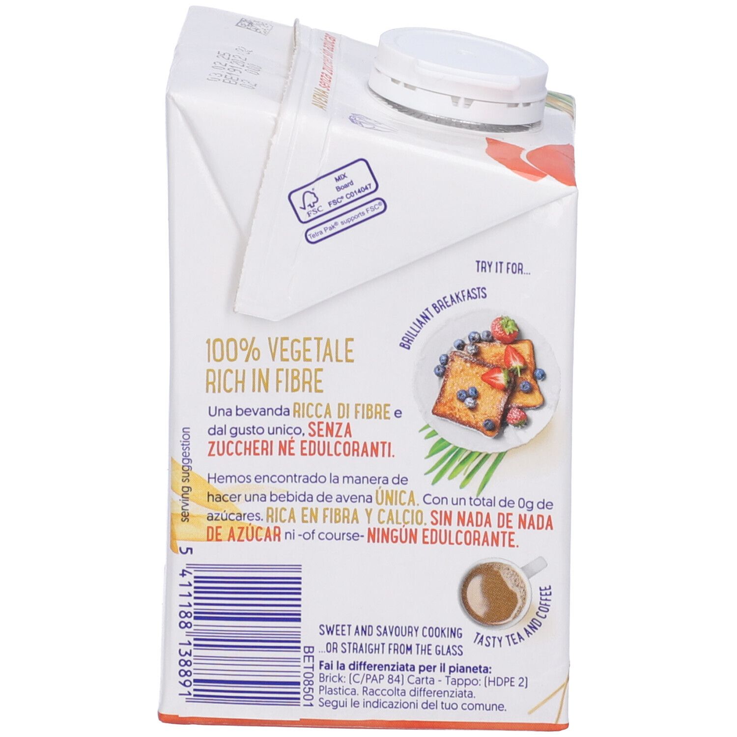 Retro della confezione Alpro Avena. Testo su '100% vegetale', 'ricco di fibre' e informazioni nutrizionali.
