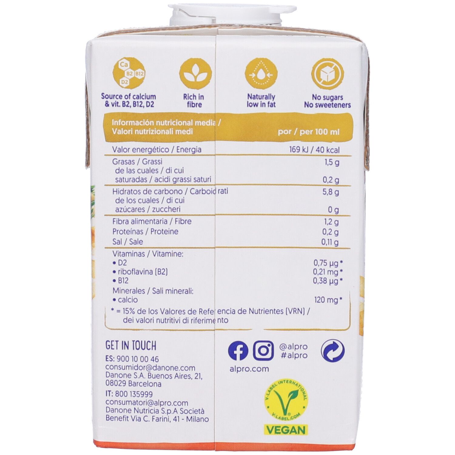 Vista dettagliata della tabella nutrizionale sulla confezione Alpro Avena. Contiene informazioni per 100 ml.