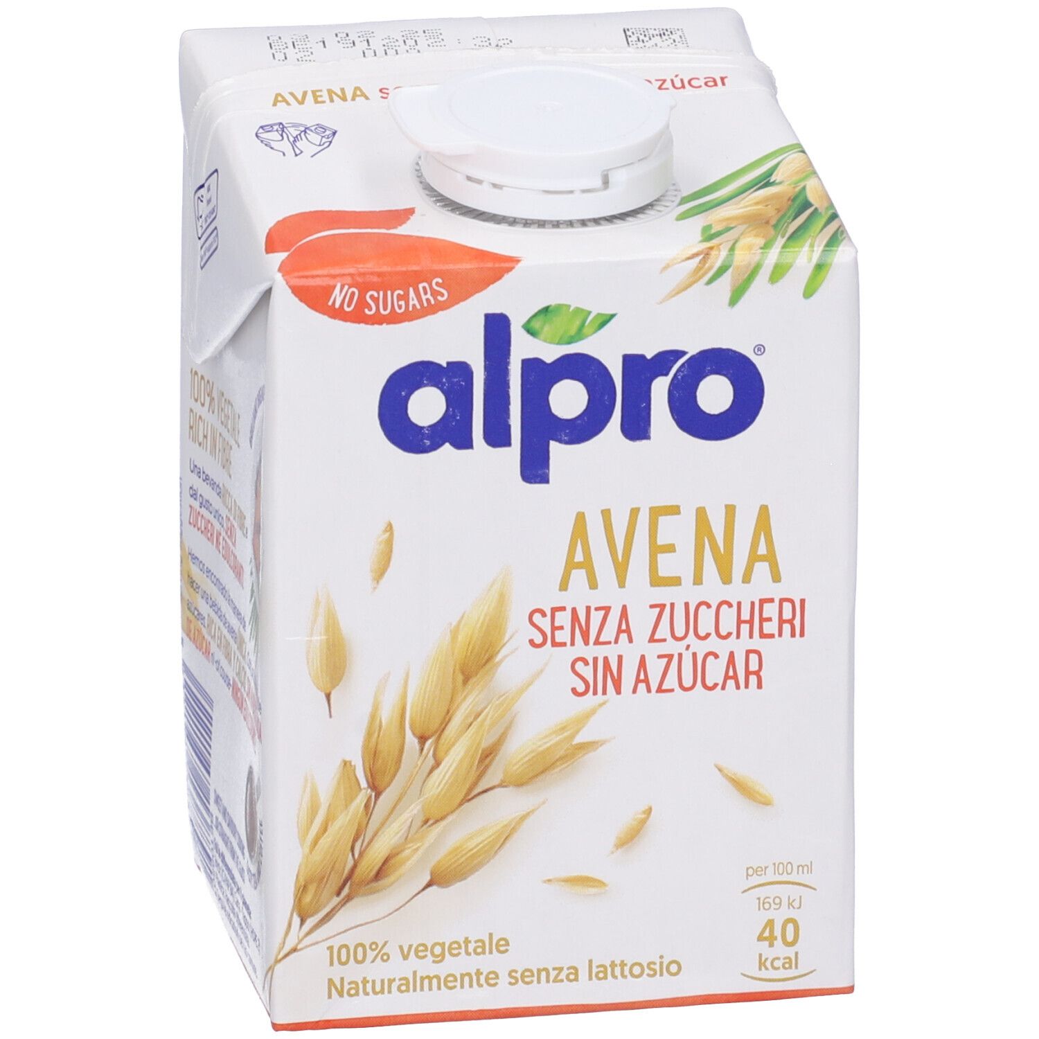 Alpro Avena Senza Zuccheri, bevanda all'avena. Confezione bianca con nome del prodotto, illustrazioni di avena e 'No Sugars'.