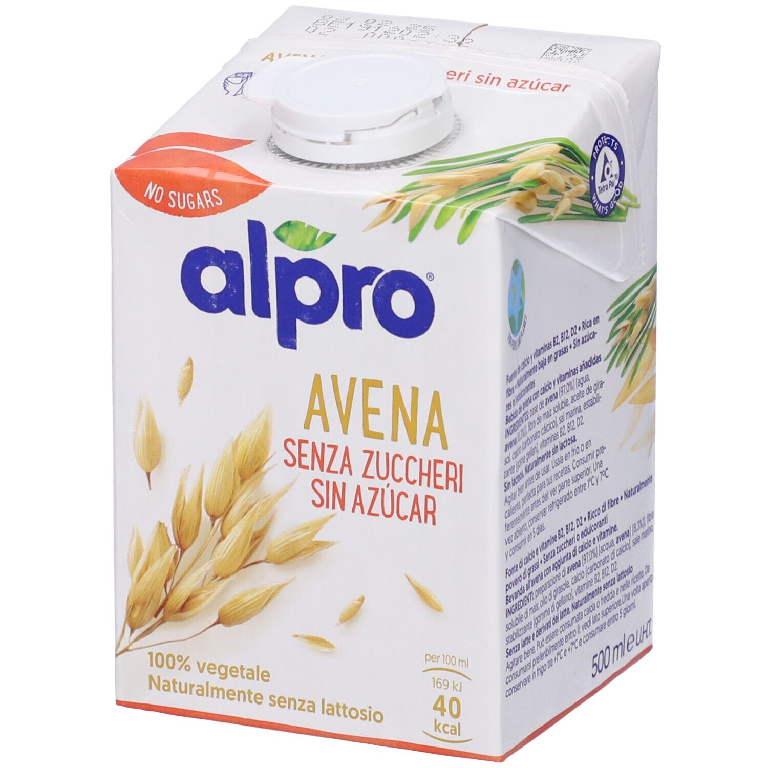 Alpro Avena Senza Zuccheri, bevanda all'avena. Confezione bianca con nome del prodotto, illustrazioni di avena e 'No Sugars'. 500ml.