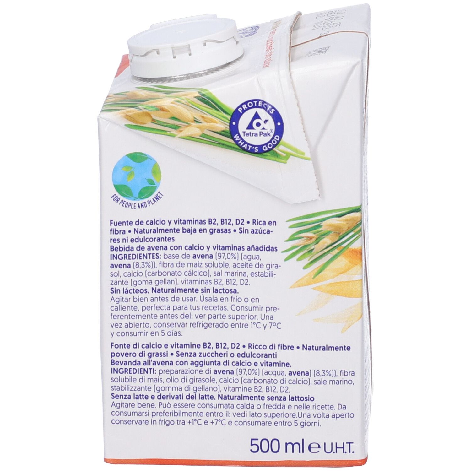 Retro della confezione Alpro Avena. Contiene elenco ingredienti, informazioni nutrizionali e '500 ml e U.H.T'.