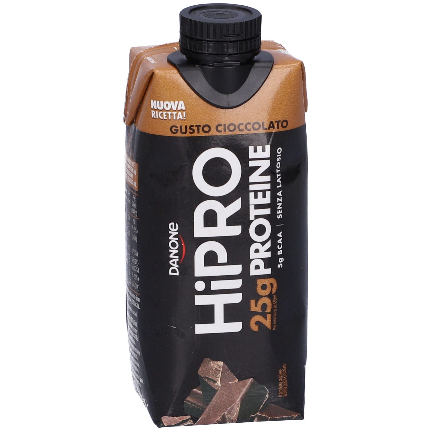 Confezione bevanda con testo: HiPRO Proteine, 25g, gusto Cioccolato. Con tappo nero.