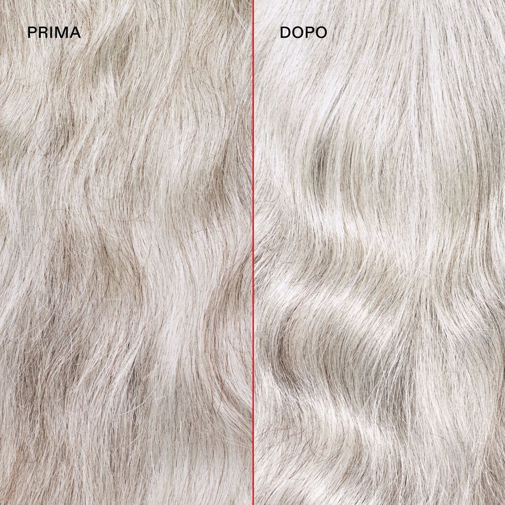 Confronto prima-dopo di capelli grigi. I capelli appaiono più chiari dopo il trattamento.