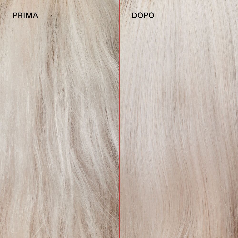 Confronto prima-dopo di capelli biondi. I capelli appaiono più chiari dopo il trattamento.