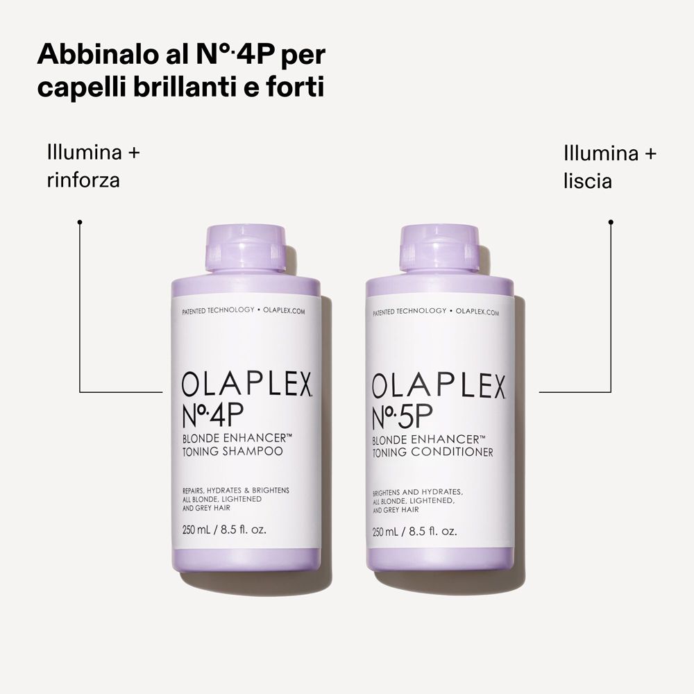 Due flaconi Olaplex Nº.4P e Nº.5P. Testo: Illumina + rinforza, Illumina + liscia.