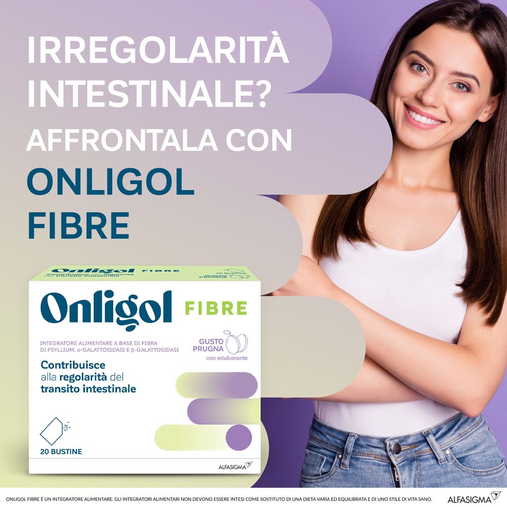 Immagine pubblicitaria con una donna e una confezione del prodotto. Sulla confezione c'è scritto Onligol Fibre.