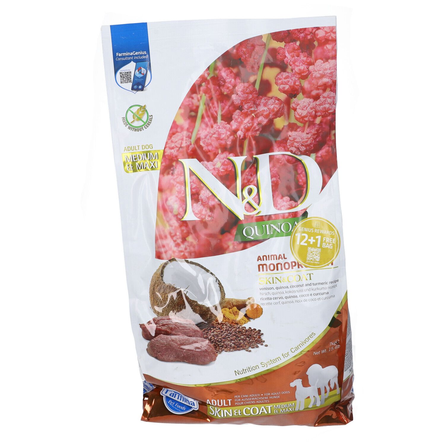 Sacchetto di cibo per cani N&D Quinoa, Skin & Coat, cervo. Immagine di ingredienti come cocco e semi di lino. Adult.