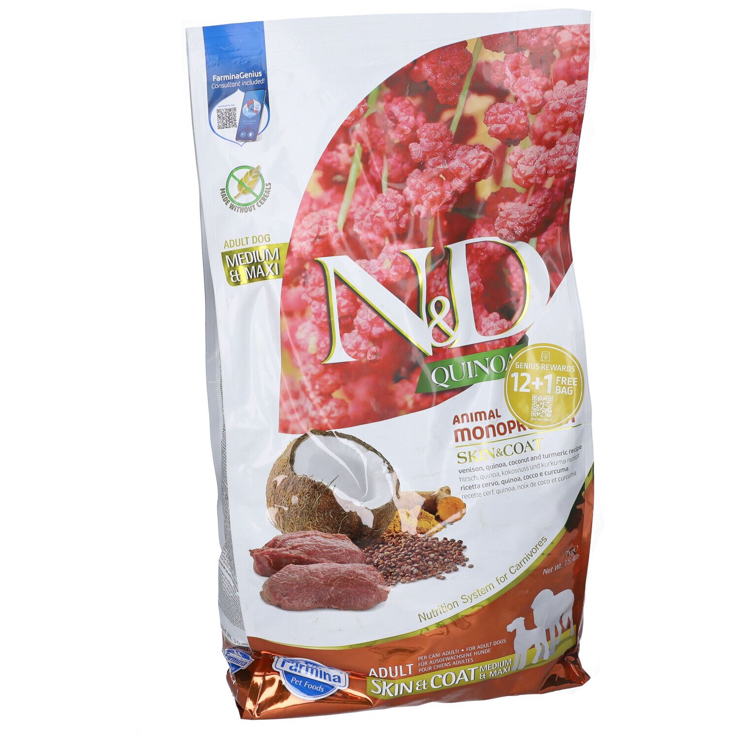 Sacchetto di cibo per cani N&D Quinoa, Skin & Coat, cervo. Immagine di ingredienti come cocco e semi di lino. Adult.