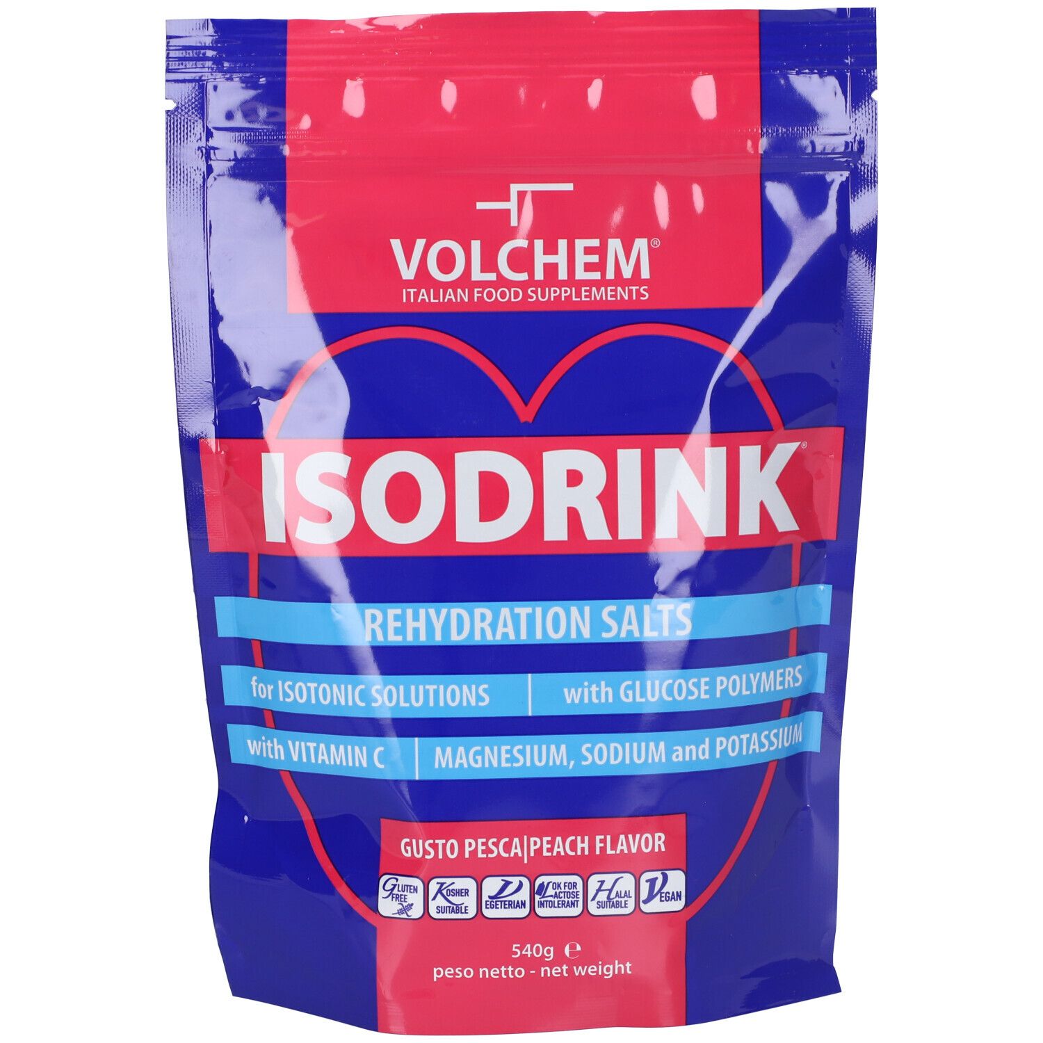 Busta con etichetta rossa e blu. Scritta ISODRINK, sali di reidratazione. Contiene vitamina C, magnesio, sodio e potassio.