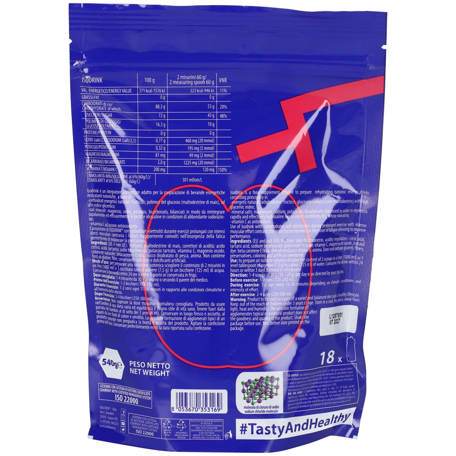 Retro della busta. Contiene informazioni nutrizionali, elenco ingredienti e istruzioni per l'uso. Peso: 540g. 18 porzioni.