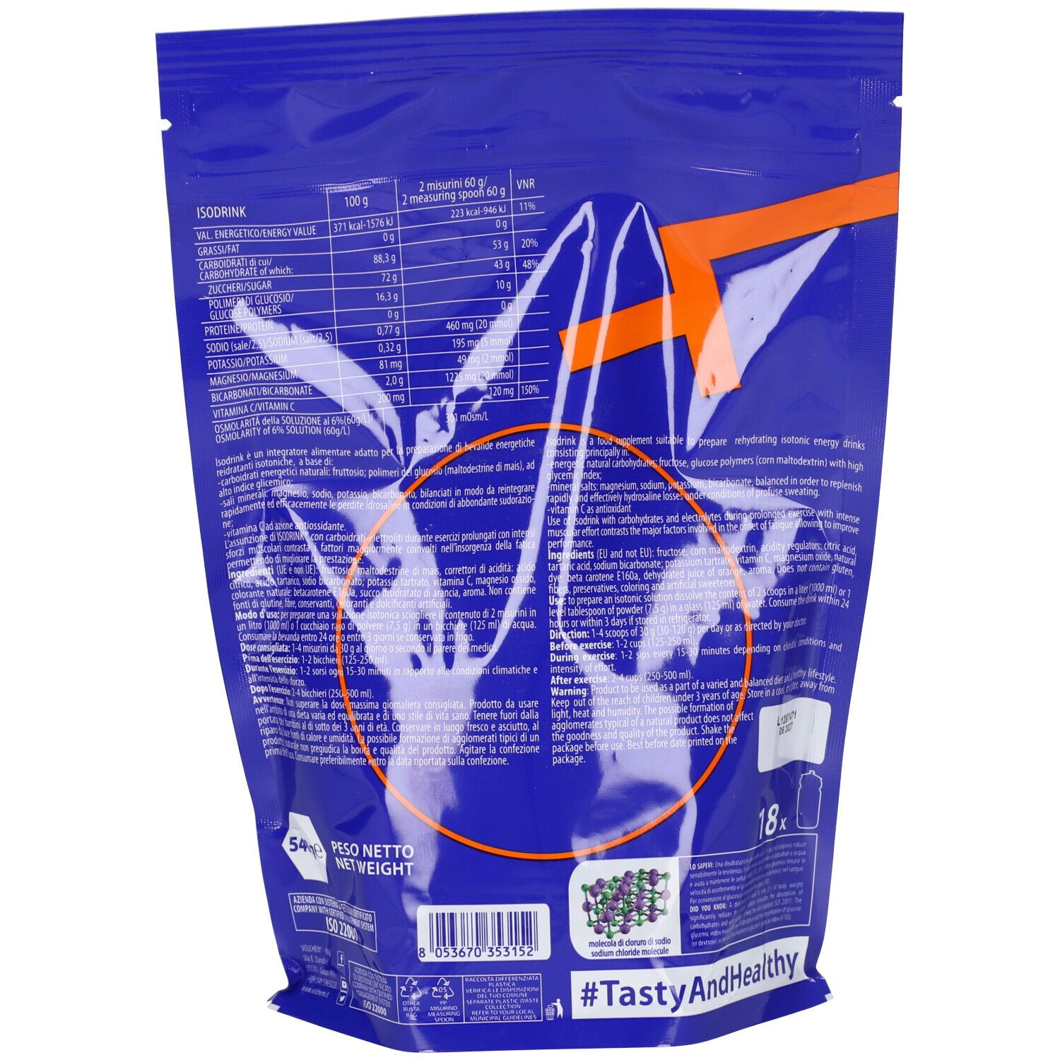 Retro della confezione ISODRINK ARANCIA. Confezione blu con testo bianco. Contiene informazioni nutrizionali e altro. 540g.
