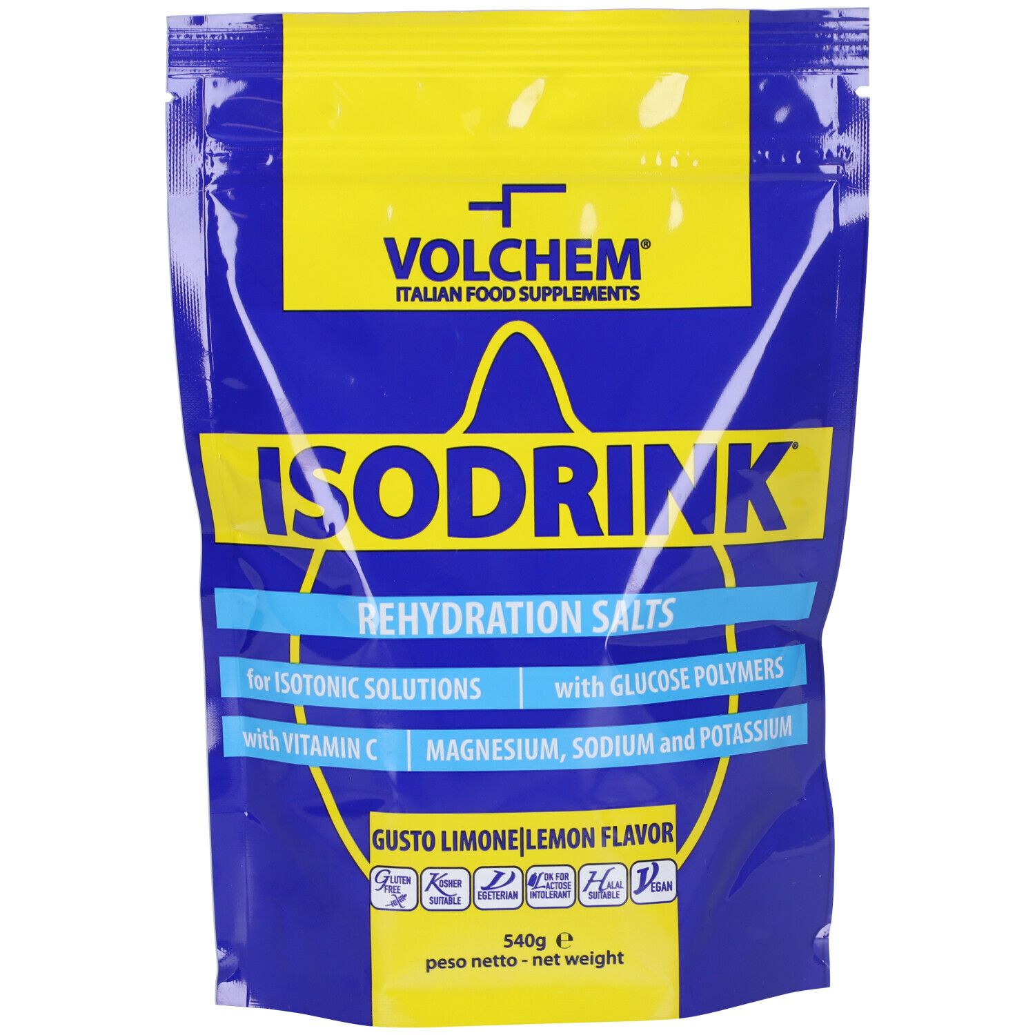 Busta blu con etichetta gialla. Scritta ISODRINK, sali di reidratazione. Contiene vitamina C, magnesio, sodio e potassio. Gusto limone.