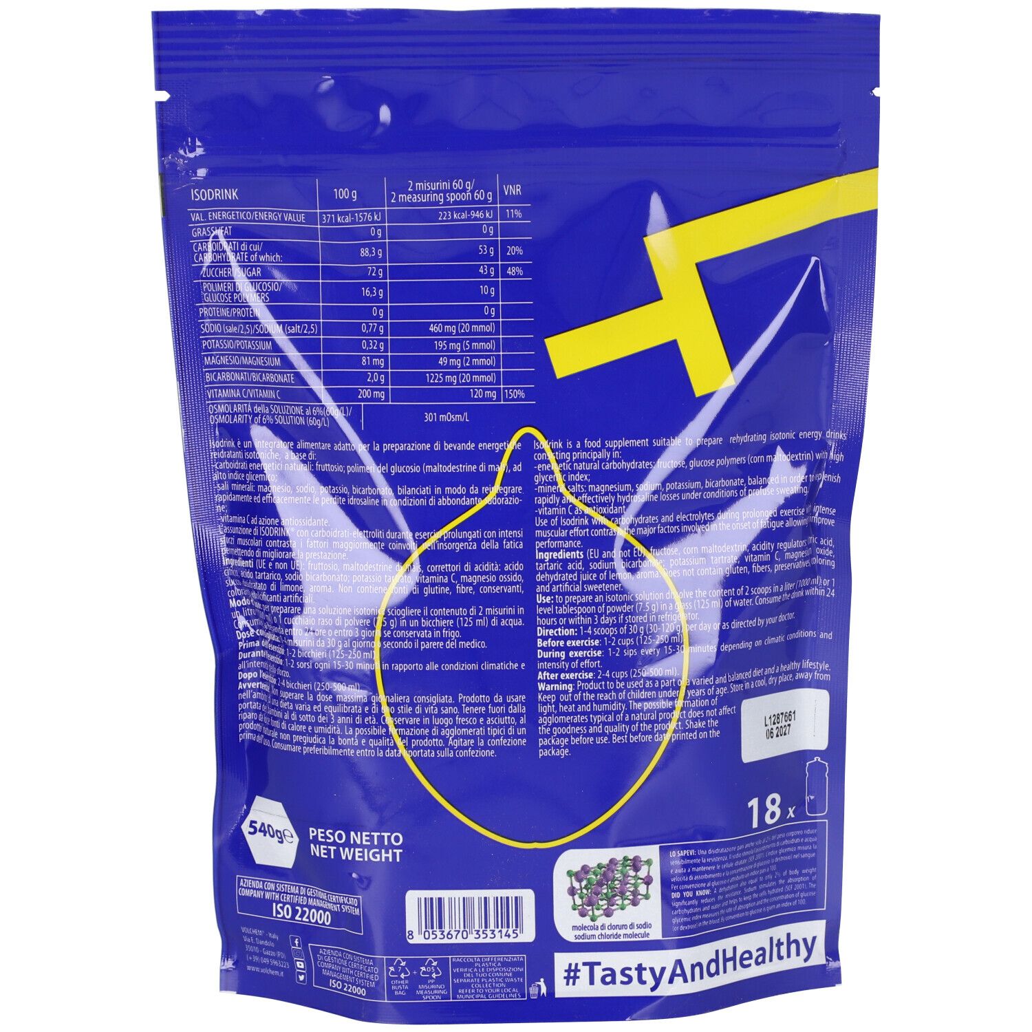 Retro della busta blu. Contiene informazioni nutrizionali e ingredienti. Scritta: 540g peso netto. ISO 22000.
