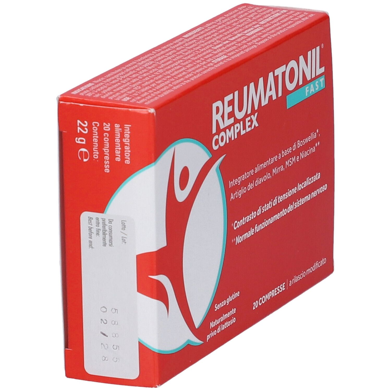 Reumatonil Complex Fast: confezione rossa, vista laterale con indicazione peso 22g e 20 compresse.