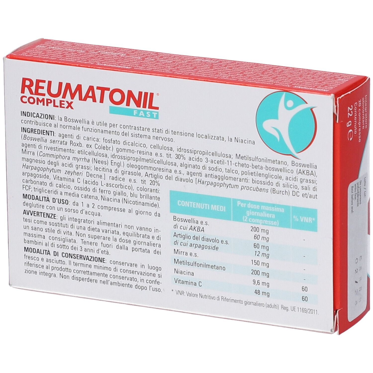 Reumatonil Complex Fast: retro della confezione rossa con elenco dettagliato ingredienti e informazioni nutrizionali.