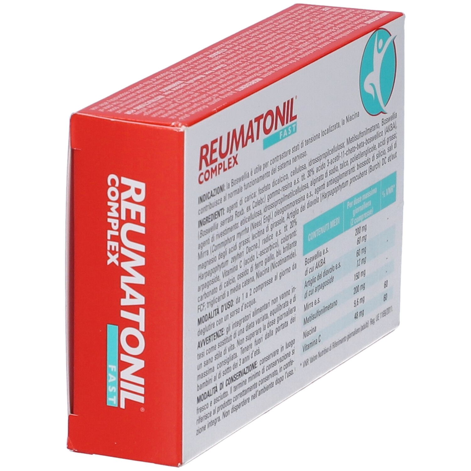 Reumatonil Complex Fast: confezione rossa, vista obliqua con informazioni dettagliate sul retro.