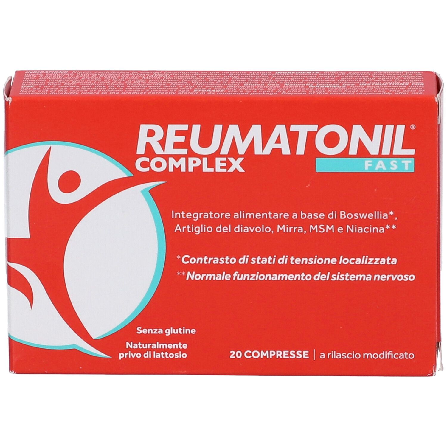 Reumatonil Complex Fast: confezione rossa con logo silhouette umana bianca e accenti turchesi.