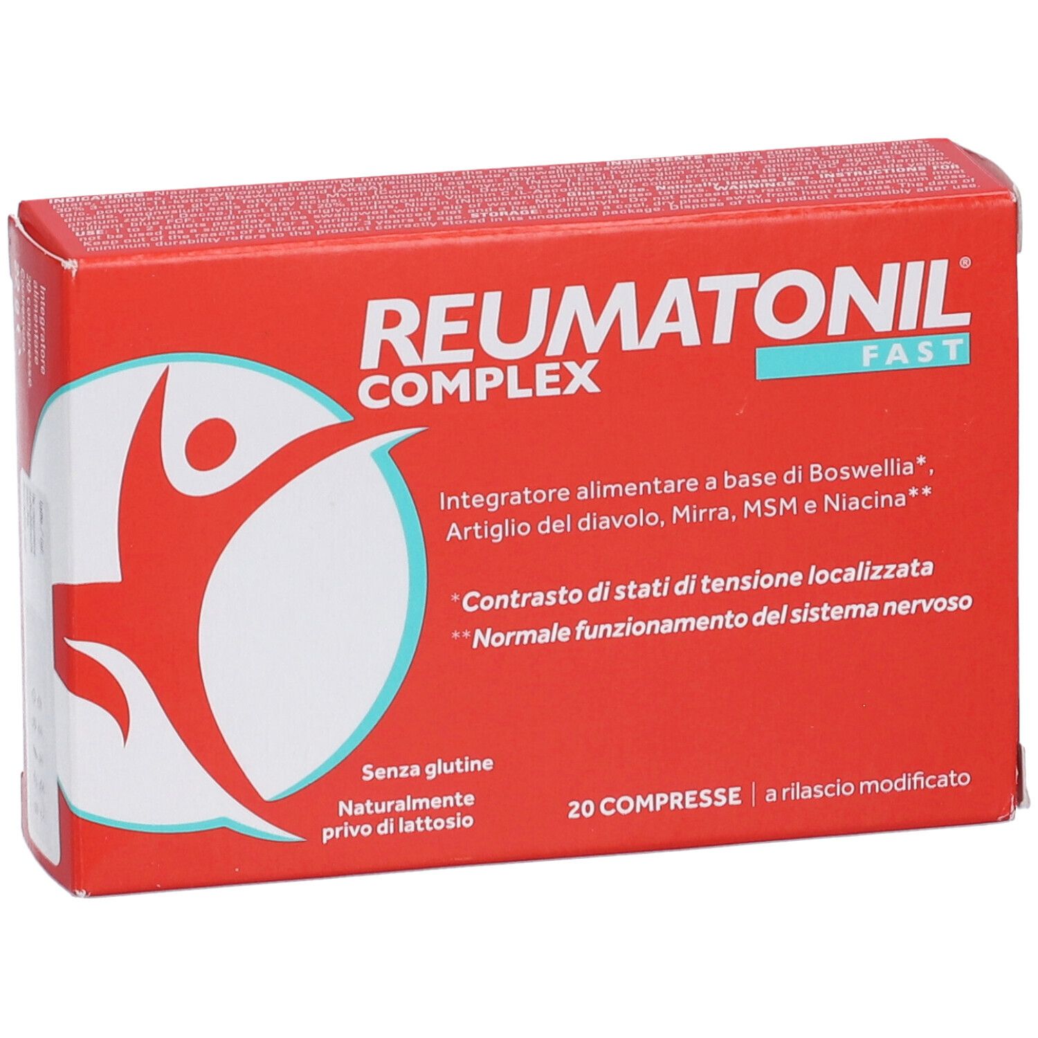 Reumatonil Complex Fast: confezione rossa con logo silhouette umana bianca e accenti turchesi.