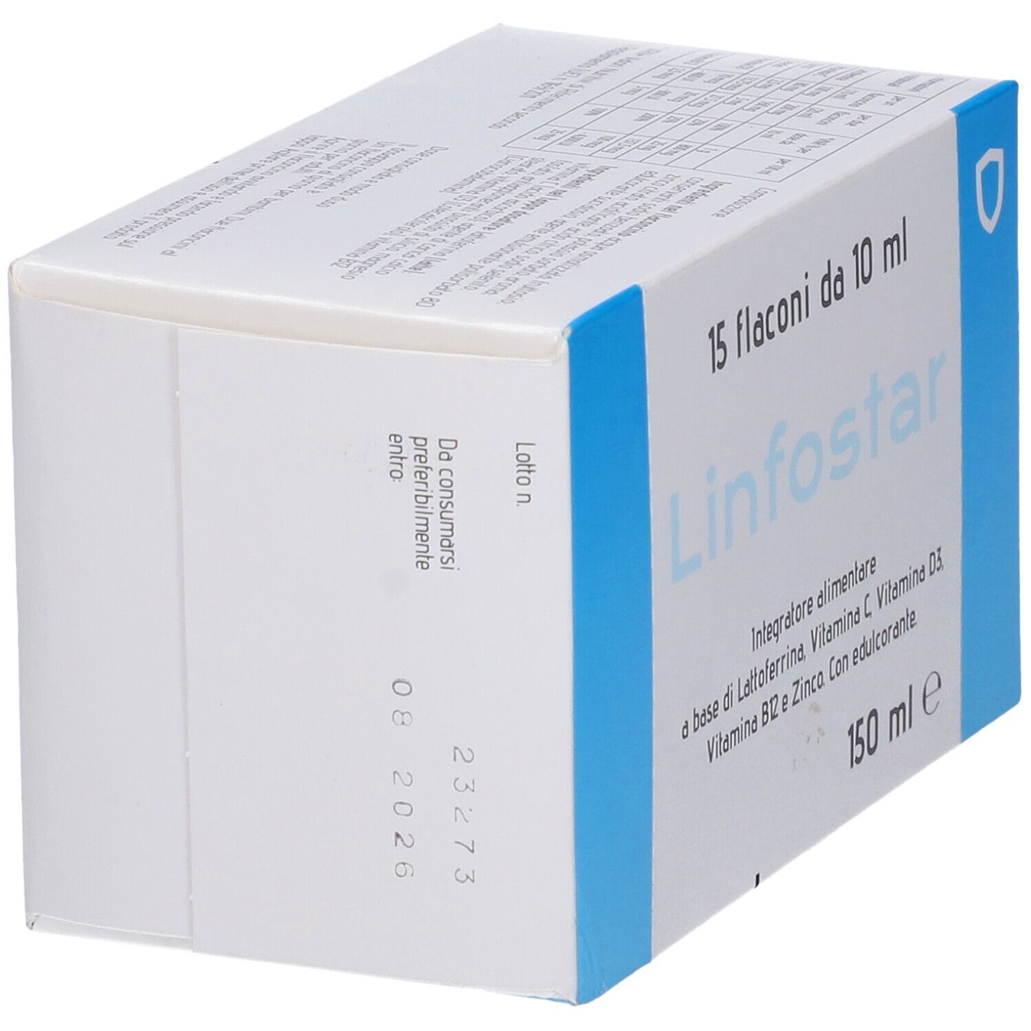 Vista laterale della confezione in cartone. Scritta: LINFOSTAR, 15 flaconi da 10 ml. Scadenza: 08 2026.