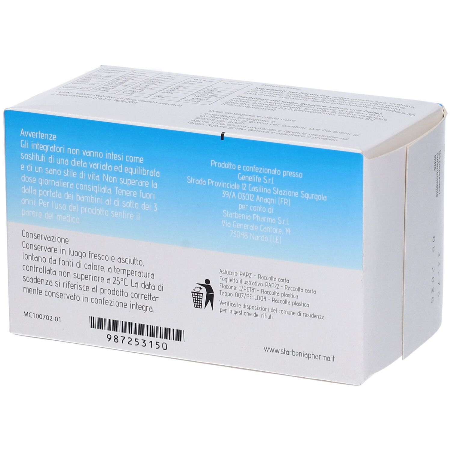 Retro della confezione in cartone. Contiene testo e informazioni. Con simbolo di riciclaggio e numero di lotto.