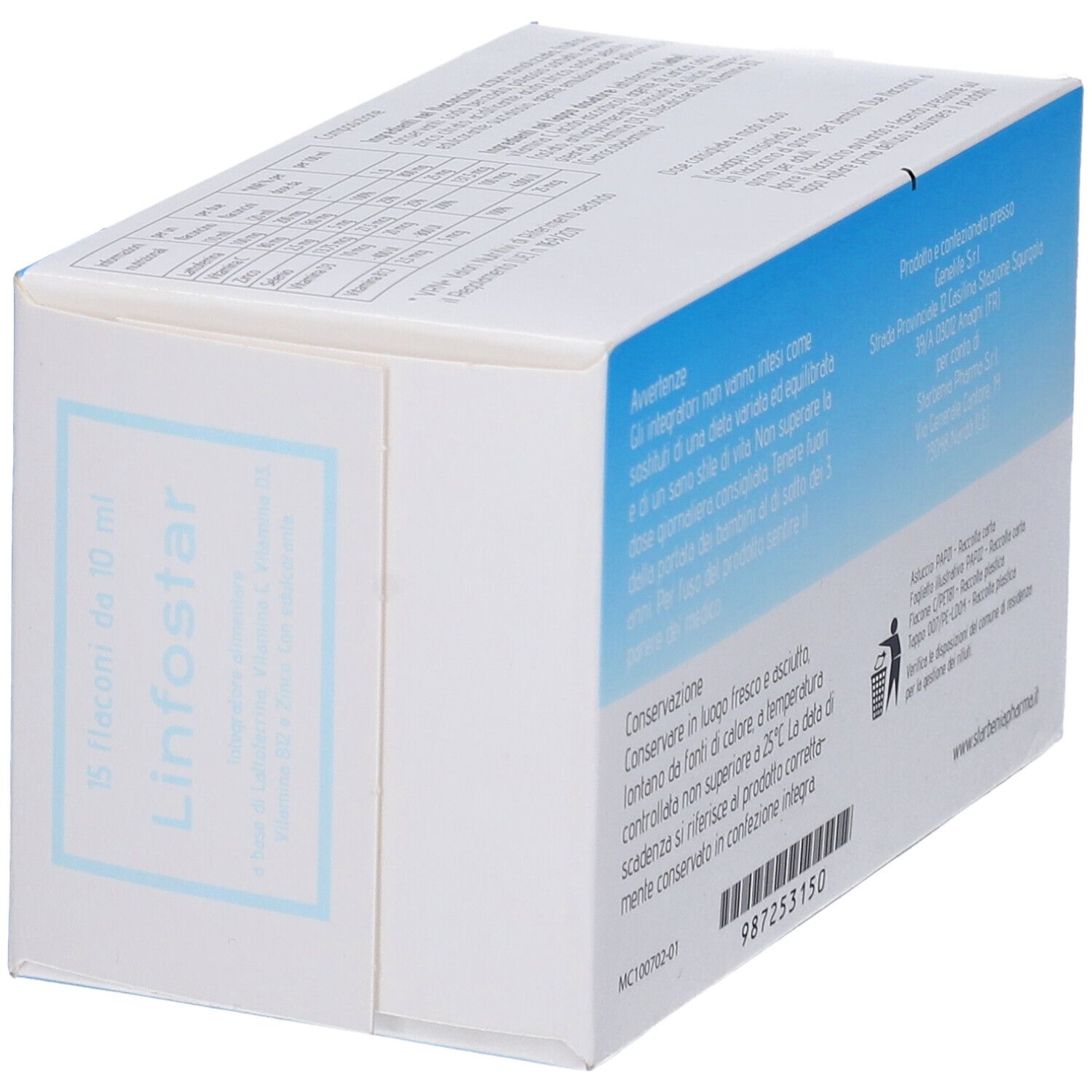 Vista laterale della confezione in cartone. Scritta: LINFOSTAR, 15 flaconi da 10 ml. Contiene testo e informazioni.