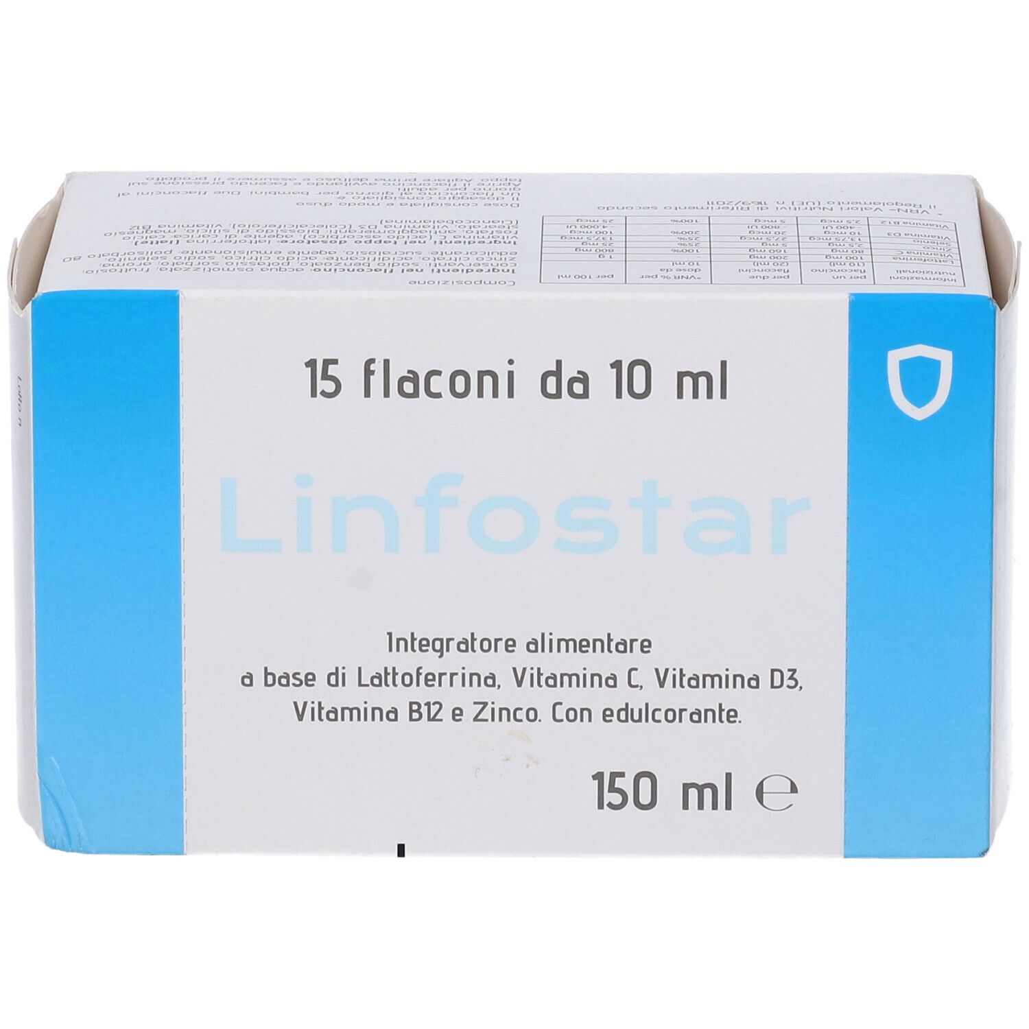 Confezione in cartone con stampa del prodotto. Contiene 15 flaconi da 10 ml. Scritta: LINFOSTAR, integratore alimentare.