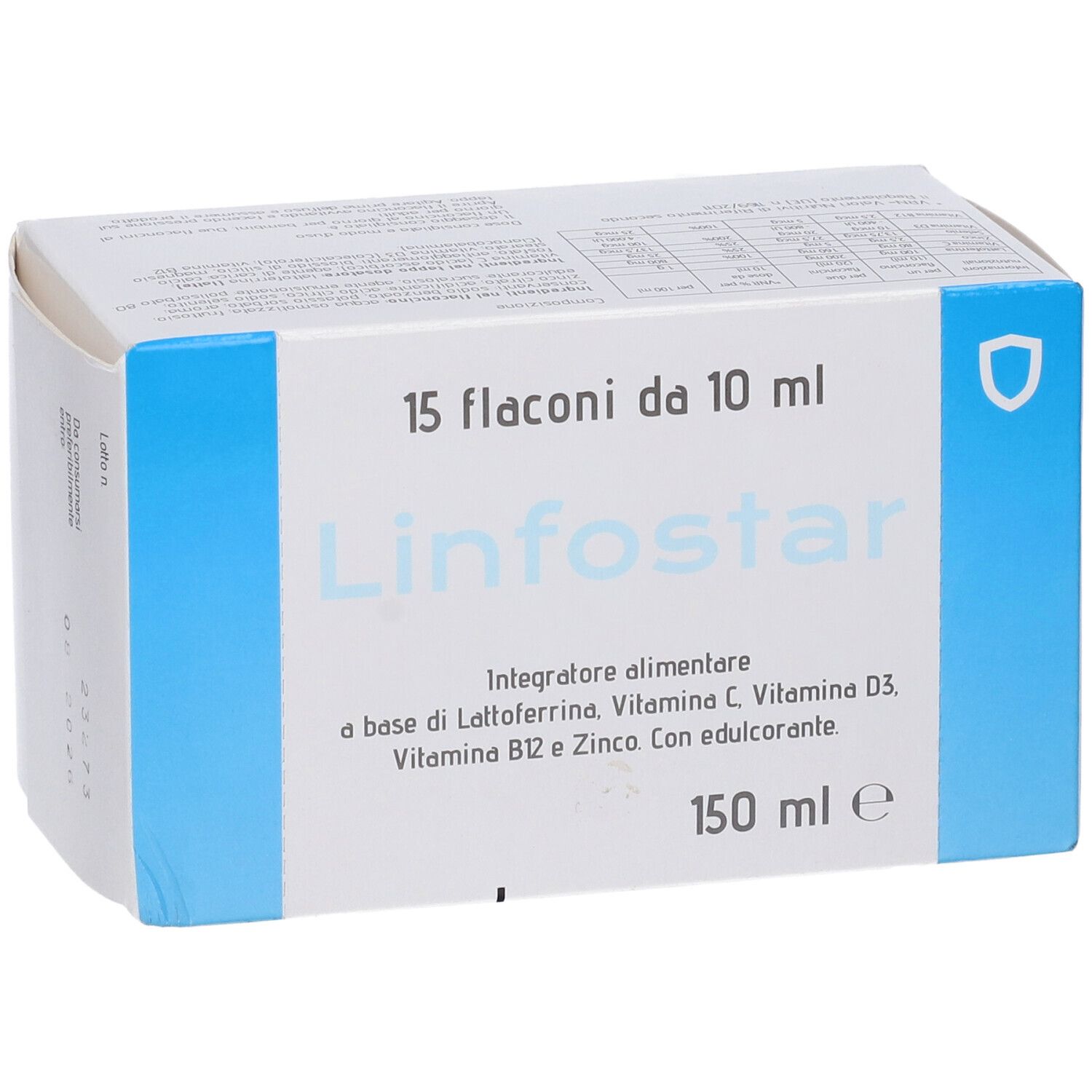 Confezione in cartone con stampa del prodotto. Contiene 15 flaconi da 10 ml. Scritta: LINFOSTAR, integratore alimentare.