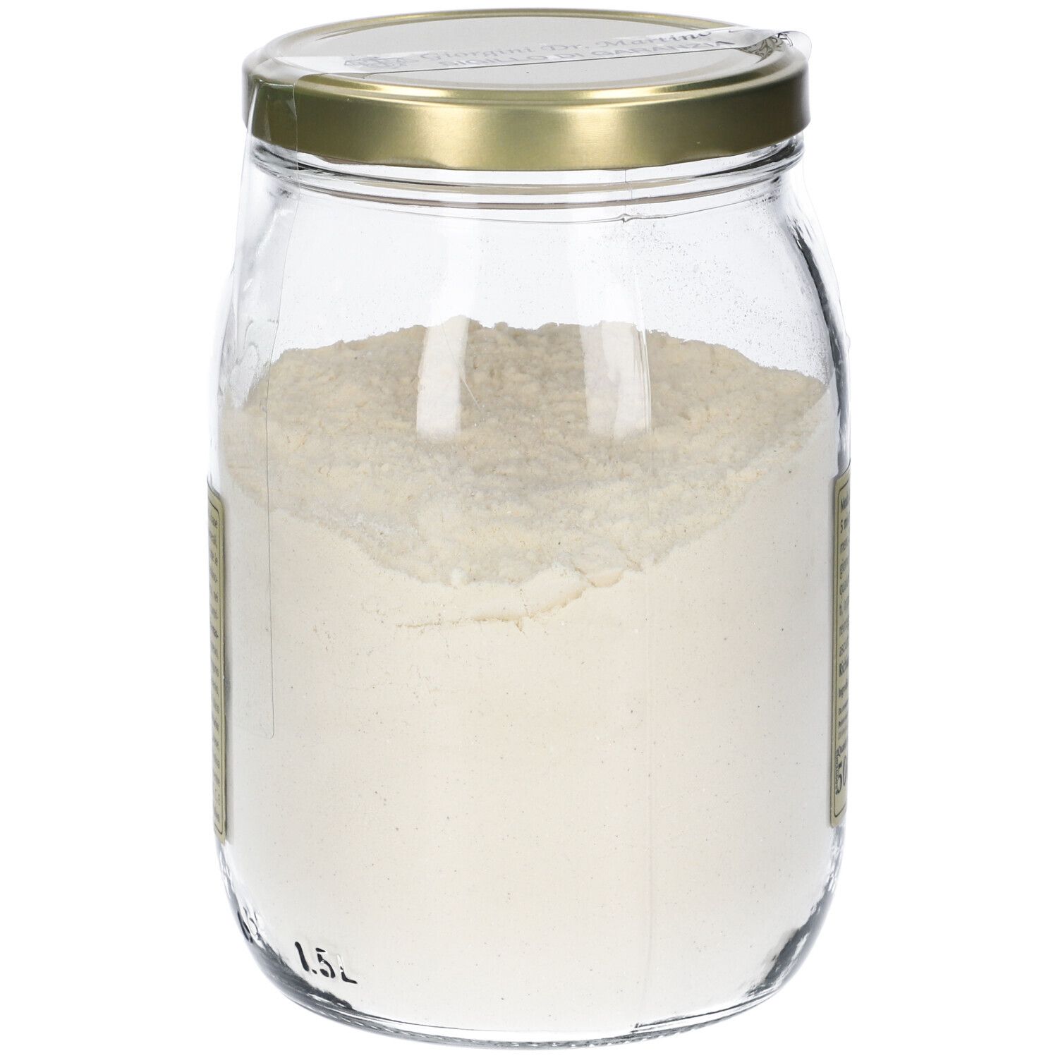 Barattolo di vetro con polvere. Scritta: Muscolarvis, Giorgini Dr. Martino. Etichetta con informazioni.